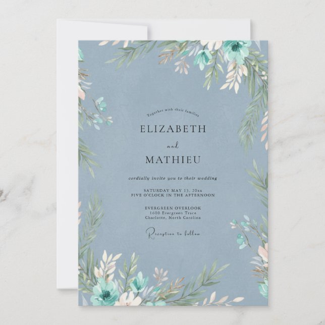 Convite Casamento de Eucalipto com Folhagem em Teal Aço (Frente)
