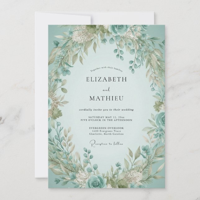 Convite Casamento de Eucalipto com Folhagem Espuma do Mar (Frente)