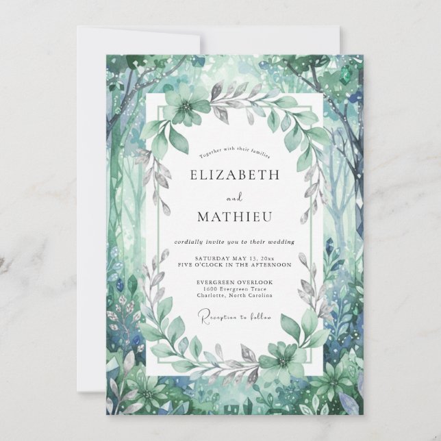 Convite Casamento de Eucalipto com Folhagem Florestal Azul (Frente)