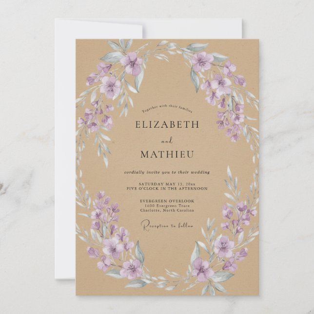 Convite Casamento de Eucalipto com Folhagem Lavanda Bege (Frente)
