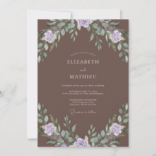 Convite Casamento de Eucalipto com Folhagem Lavanda Mocha (Frente)