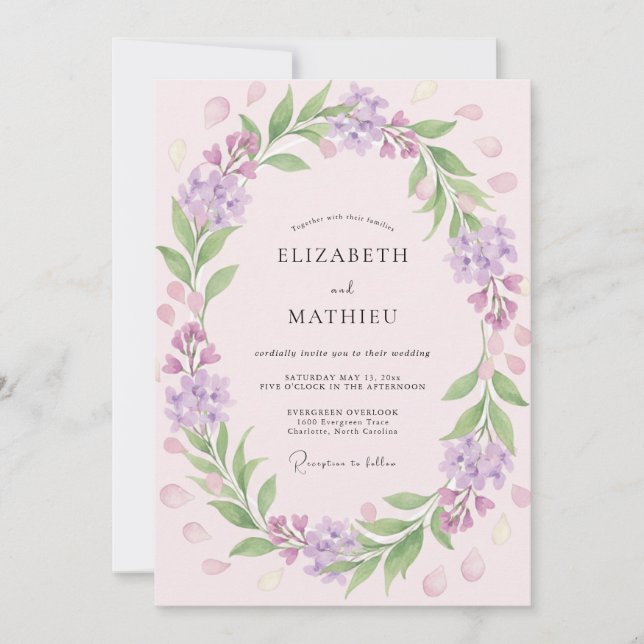 Convite Casamento de Eucalipto com Folhagem Lavanda Roxa (Frente)