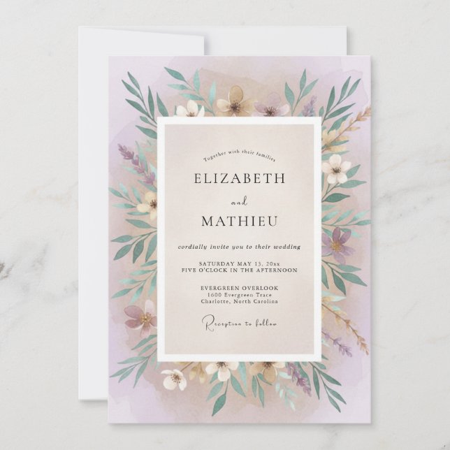 Convite Casamento de Eucalipto com Folhagem Lilás Malva (Frente)