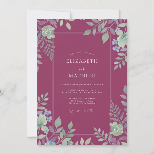 Convite Casamento de Eucalipto com Folhagem Magenta (Frente)