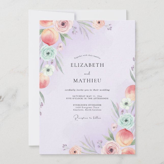 Convite Casamento de Eucalipto com Folhagem Pastel Roxo (Frente)