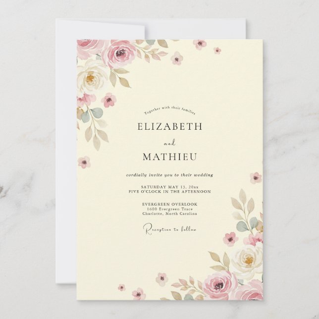 Convite Casamento de Eucalipto com Folhagem Rosa Empoeirad (Frente)