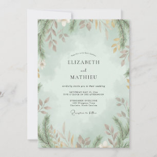 Convite Casamento de Eucalipto com Folhagem Rosa Malva e E