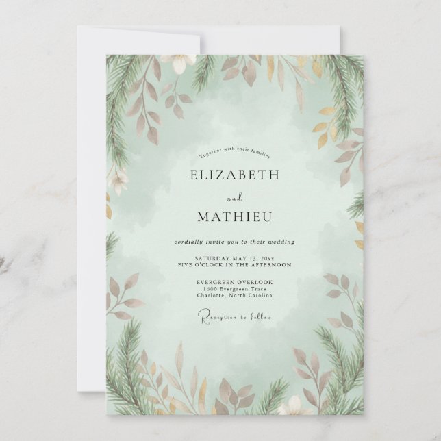 Convite Casamento de Eucalipto com Folhagem Rosa Malva e E (Frente)
