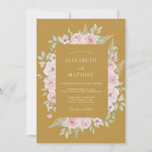 Convite Casamento de Eucalipto com Folhagem Rosa Mostarda