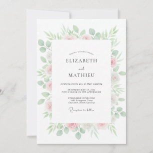 Convite Casamento de Eucalipto com Folhagem Rosa Pálido