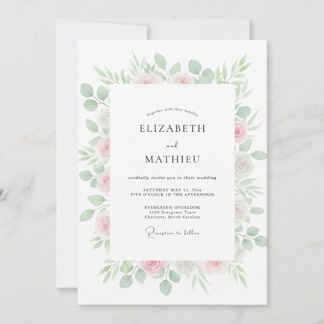 Convite Casamento de Eucalipto com Folhagem Rosa Pálido (Frente)