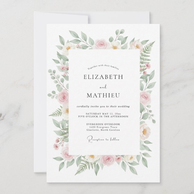 Convite Casamento de Eucalipto com Folhagem Rosa Pastel (Frente)