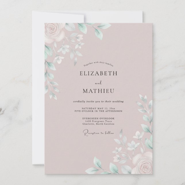 Convite Casamento de Eucalipto com Folhagem Rosa Poeira (Frente)