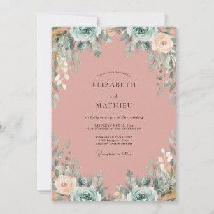 Convite Casamento de Eucalipto com Folhagem Rosa Poeira Az