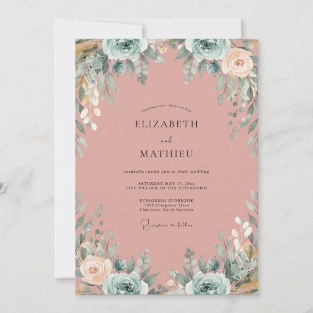 Convite Casamento de Eucalipto com Folhagem Rosa Poeira Az (Frente)