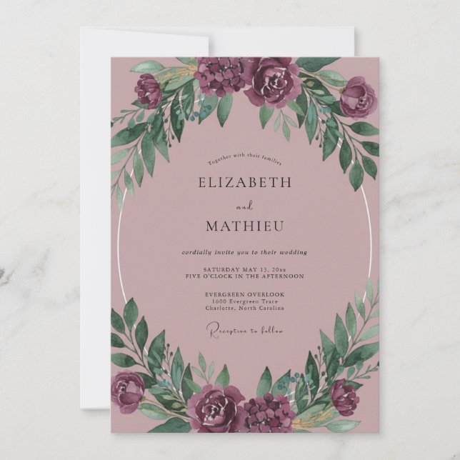 Convite Casamento de Eucalipto com Folhagem Rosa Poeira de (Frente)