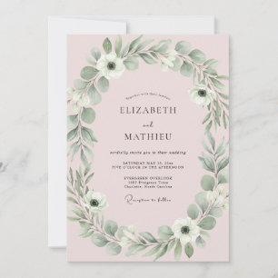 Convite Casamento de Eucalipto com Folhagem Rosa Suave
