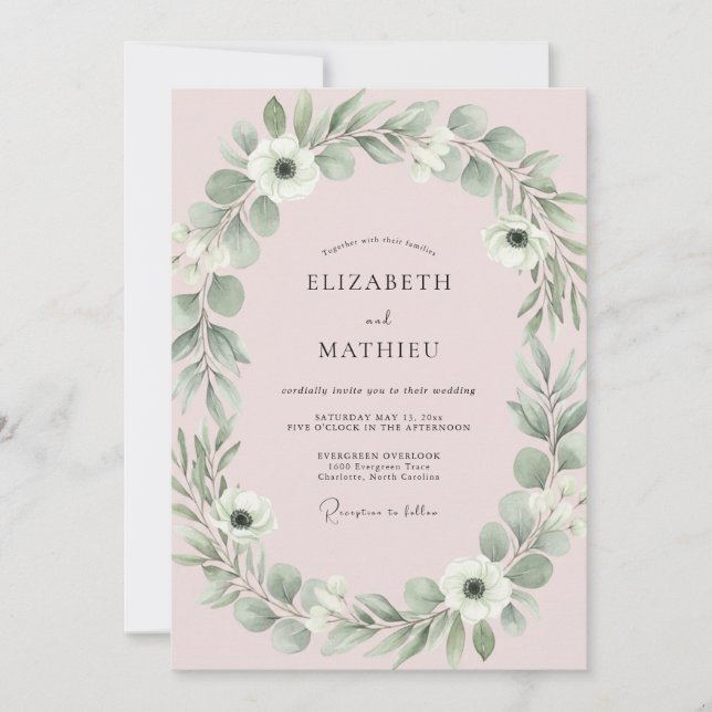 Convite Casamento de Eucalipto com Folhagem Rosa Suave (Frente)