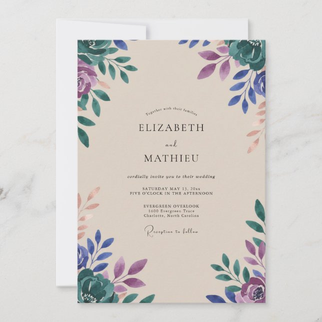 Convite Casamento de Eucalipto com Folhagem Roxa Azul (Frente)