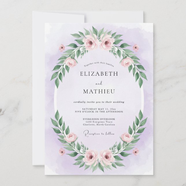 Convite Casamento de Eucalipto com Folhagem Roxa Pastel (Frente)