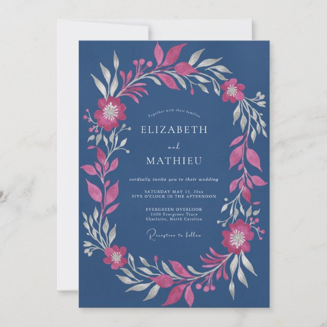 Convite Casamento de Eucalipto com Folhagem Slate Fuchsia (Frente)