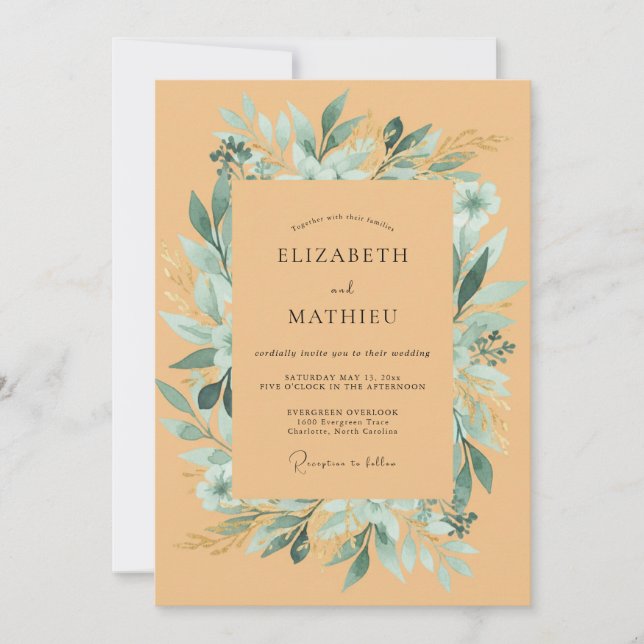 Convite Casamento de Eucalipto com Folhagem Teal e Damasco (Frente)