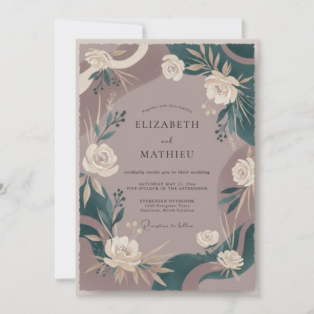 Convite Casamento de Eucalipto com Folhagem Teal Rosa (Frente)