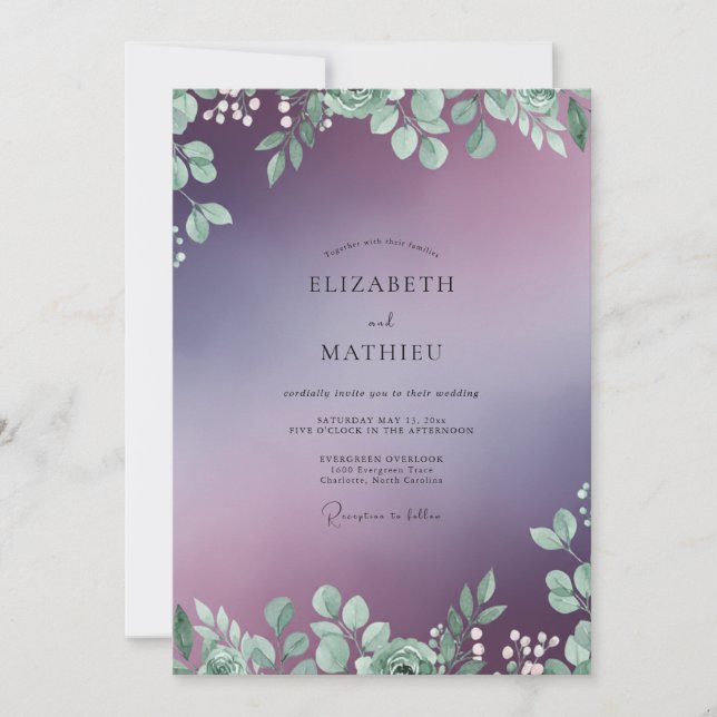 Convite Casamento de Eucalipto com Folhagem Violeta (Frente)