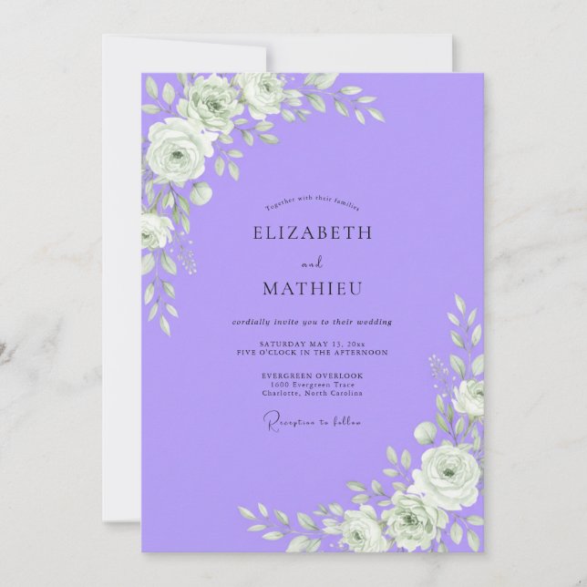Convite Casamento de Eucalipto com Folhagem Violeta Branca (Frente)