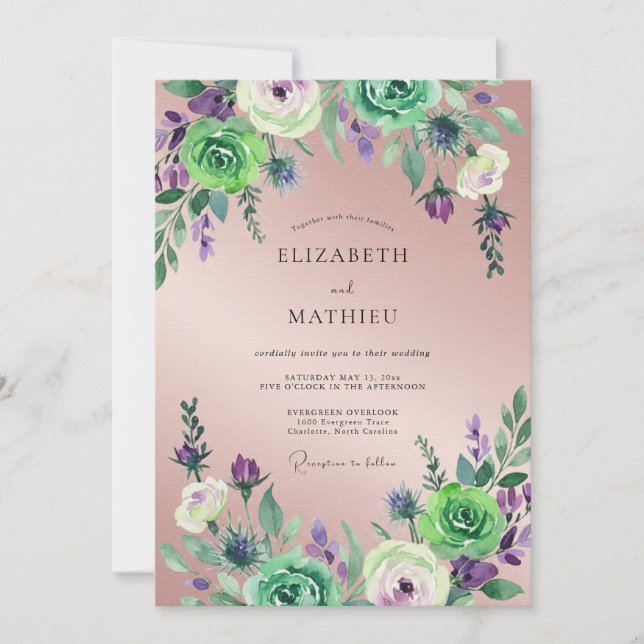 Convite Casamento de Eucalipto com Folhagem Violeta Malva (Frente)