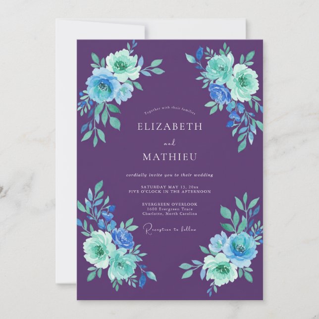 Convite Casamento de Eucalipto com Folhagem Violeta Teal (Frente)