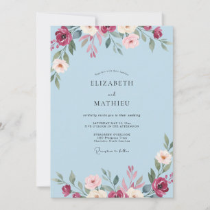 Convite Casamento de Eucalipto com Folhas em Azul Pó de Bo
