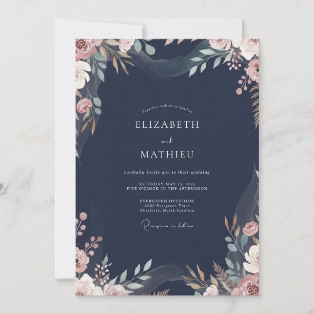Convite Casamento de Eucalipto com Folhas em Rosa Poeirent (Frente)