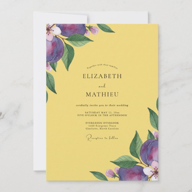 Convite Casamento de Eucalipto com Fruta Ameixa Amarela (Frente)