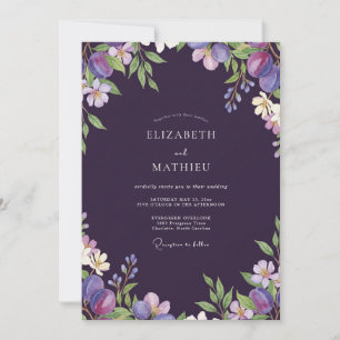 Convite Casamento de Eucalipto com Frutas de Ameixa Escura