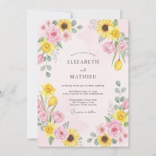 Convite Casamento de Eucalipto com Girassol Rosa Pálido