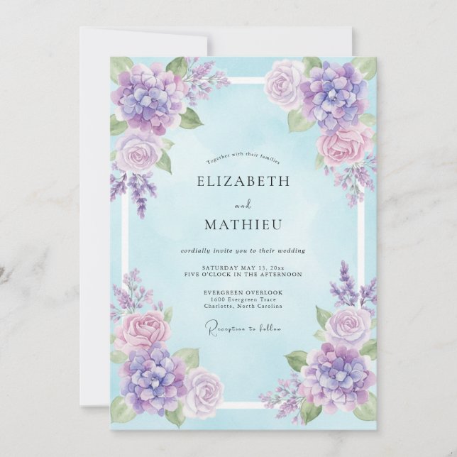 Convite Casamento de Eucalipto com o Céu de Hortênsia Viol (Frente)