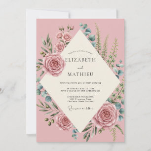 Convite Casamento de Eucalipto com Pétalas Macias Rosa
