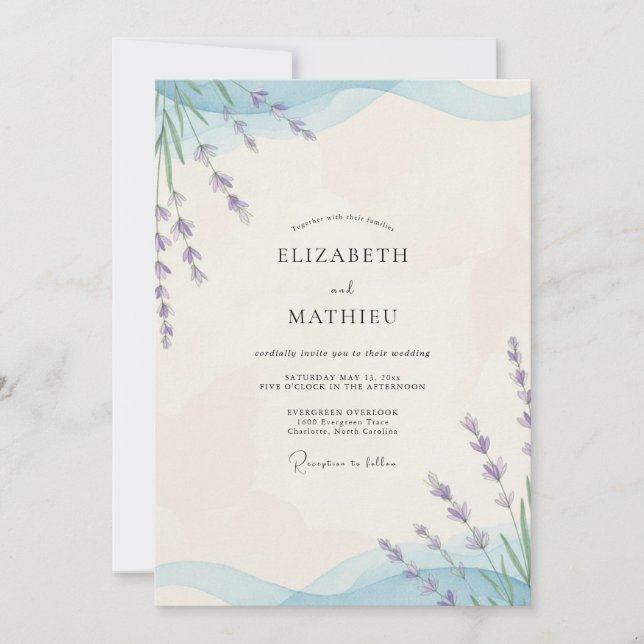 Convite Casamento de Eucalipto com Ramalhete de Lavanda e  (Frente)