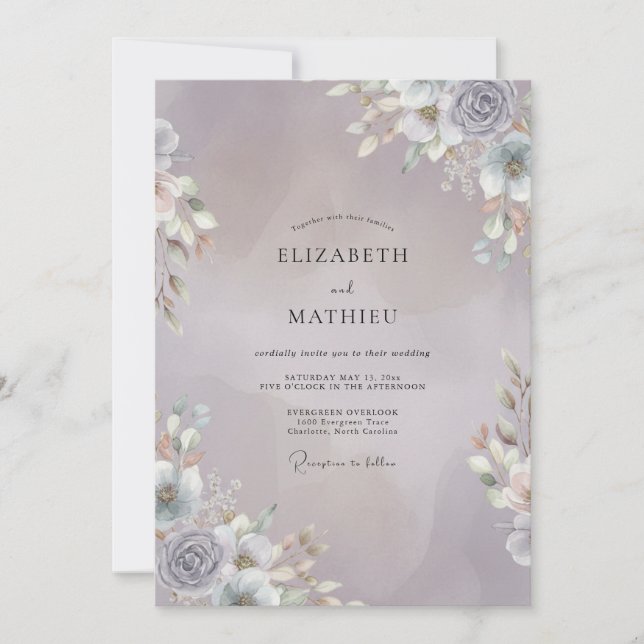Convite Casamento de Eucalipto com Ramalhete de Prata Rosa (Frente)