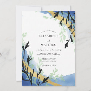 Convite Casamento de Eucalipto com Ramalhete Dourado e Azu