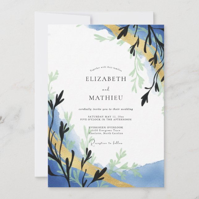 Convite Casamento de Eucalipto com Ramalhete Dourado e Azu (Frente)