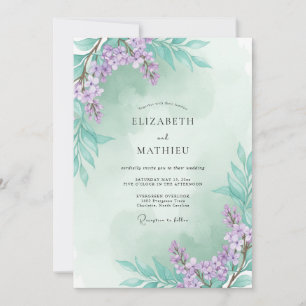 Convite Casamento de Eucalipto com Ramalhete Lilás Espuma