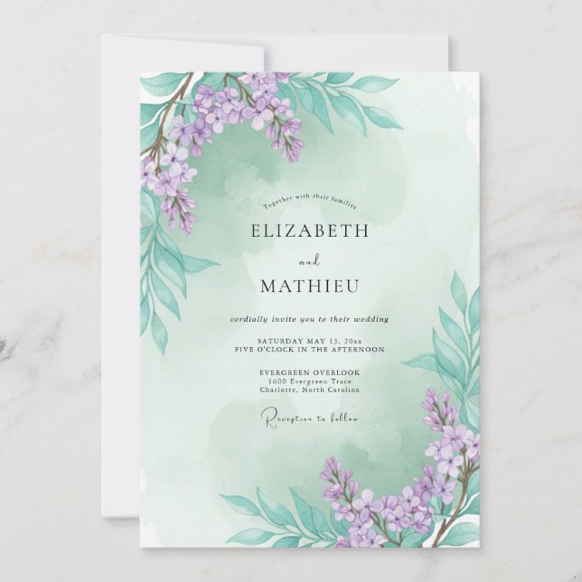 Convite Casamento de Eucalipto com Ramalhete Lilás Espuma  (Frente)