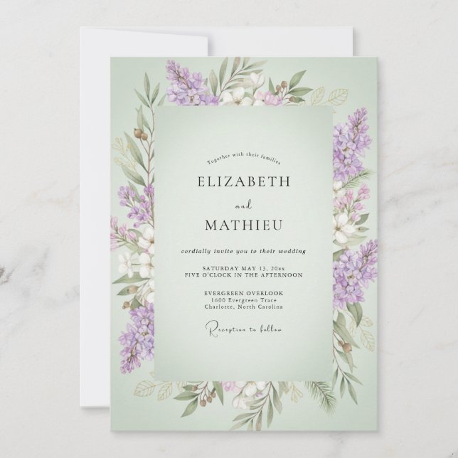 Convite Casamento de Eucalipto com Ramalhete Violeta Pistá (Frente)