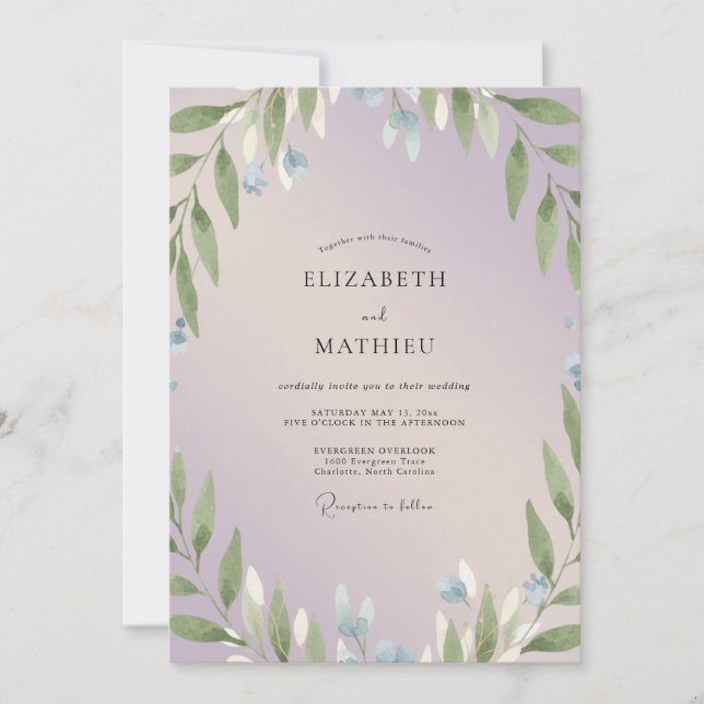 Convite Casamento de Eucalipto com Ramo de Periwinkle (Frente)
