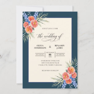 Convite Casamento de Eucalipto com Ranúnculo Laranja Naval