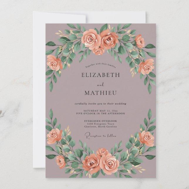 Convite Casamento de Eucalipto Coral Rosa (Frente)