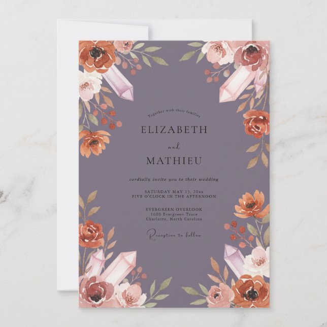 Convite Casamento de Eucalipto Cristal Roxo Empoeirado (Frente)