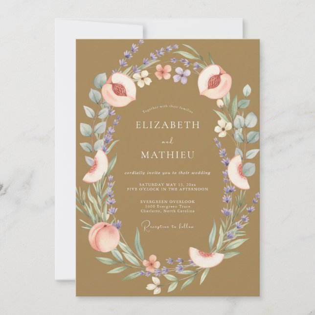 Convite Casamento de Eucalipto de Fruta Pêssego Dourado (Frente)